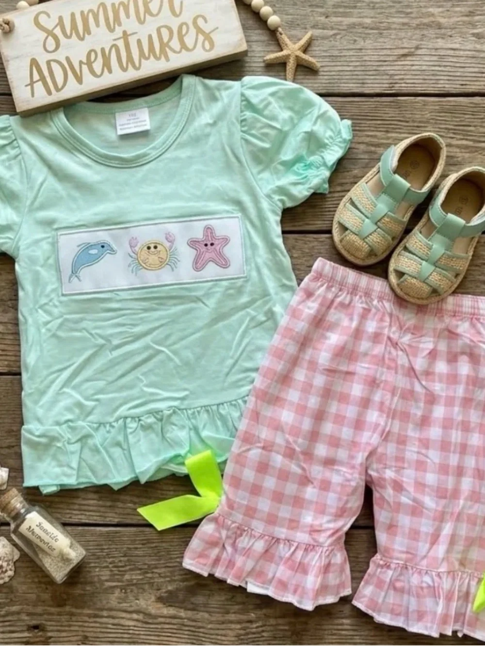 Girls Mint Green Sea Life Tee & Pink Gingham Ruffle Shorts Set